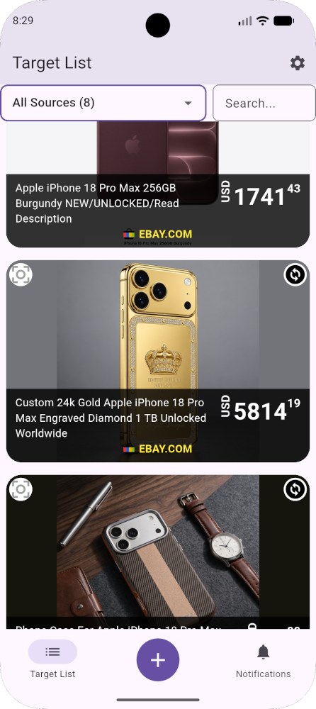 Android price tracking screen